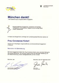 Urkunde Stempel Landeshauptstadt München, Behindertenbeirat, Dank für meine Arbeit, Unterschrift Bürgermeister, Geschäftsstelle Behindertenbeauftragter
